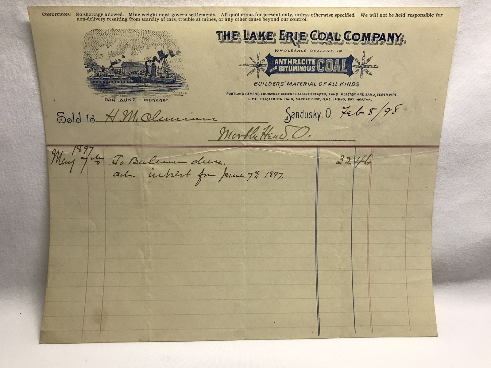 1898 The Lake Erie Coal Company Sandusky Ohio Invoice Sold Buyer Marblehead Ohio