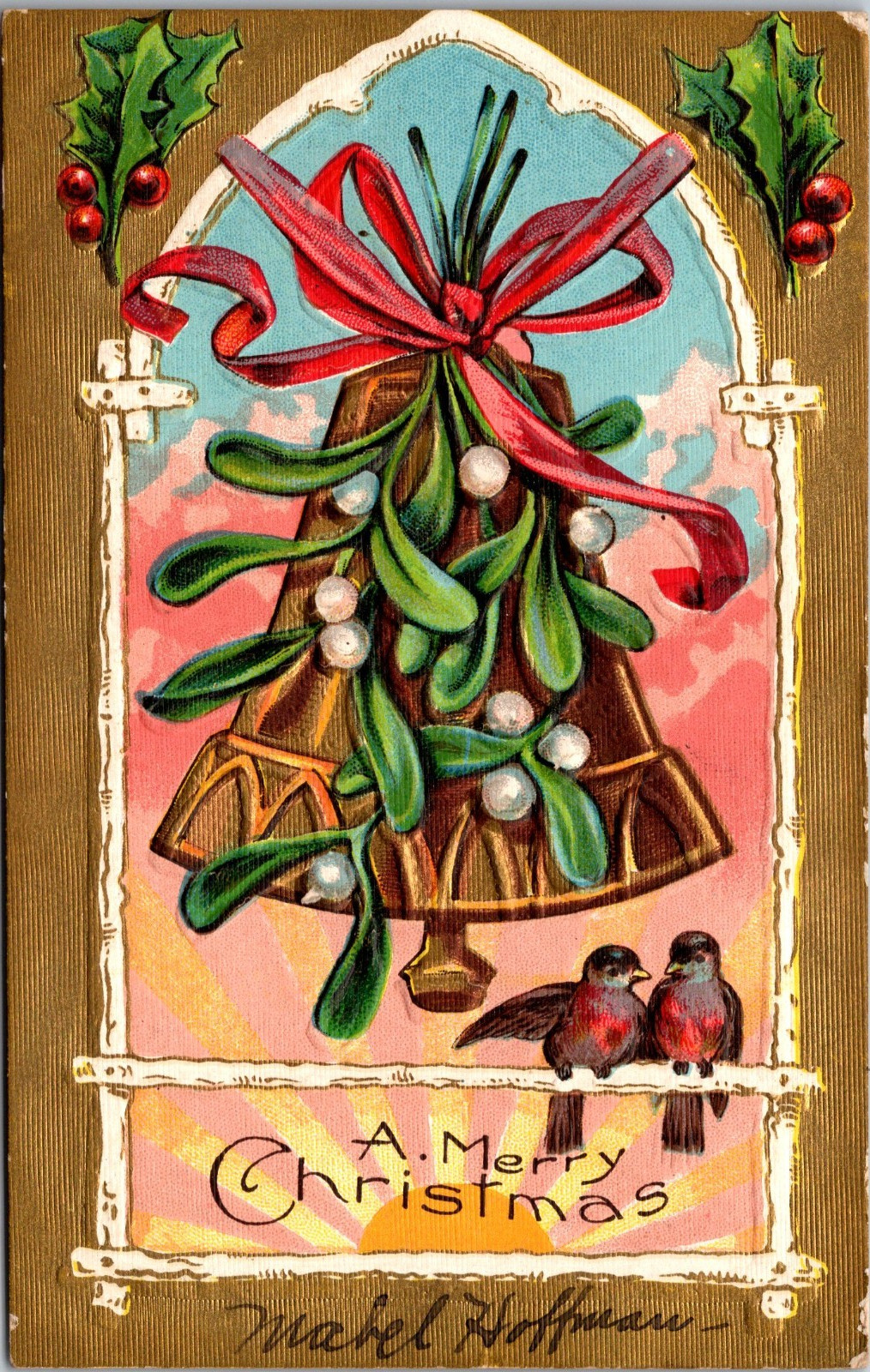 Merry Christmas Holly Bell Vintage Old Embissed Postcard c1908