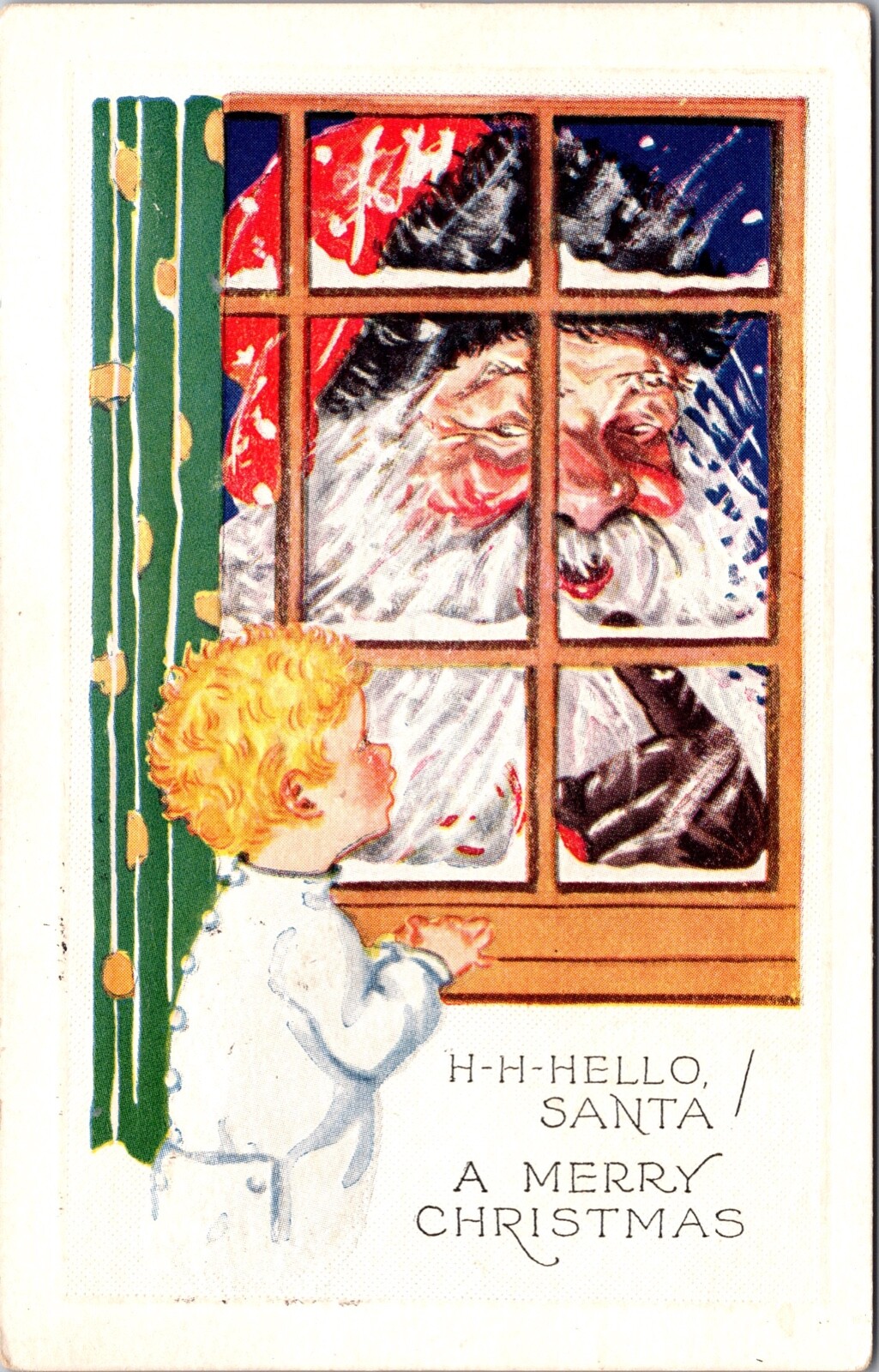 Christmas Postcard Santa Claus Tells Little Boy to be Quiet Through Window