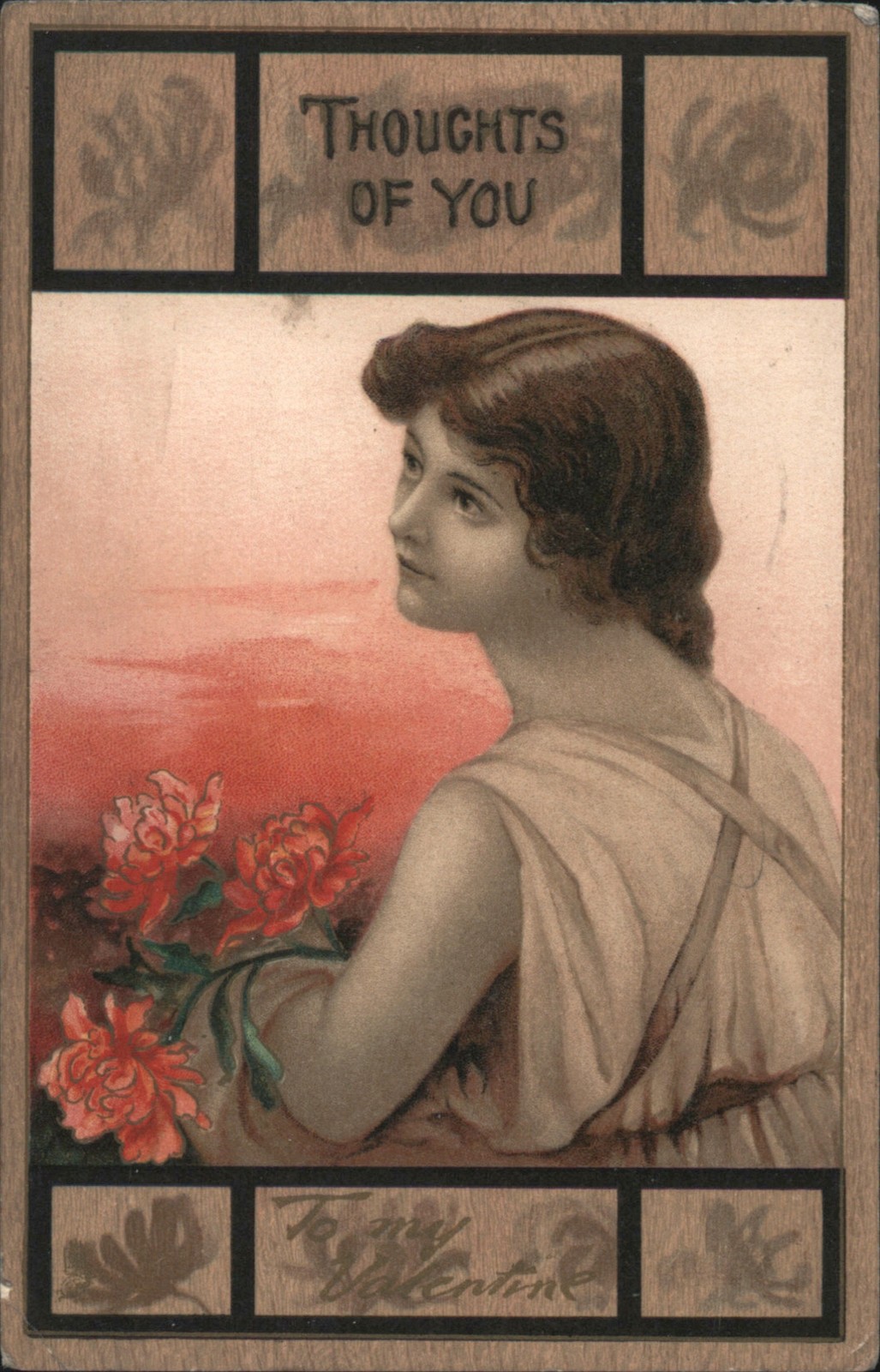 Valentine/Women Thoughts of You Woman with Red Flowers, Valentine’s Day Greeting