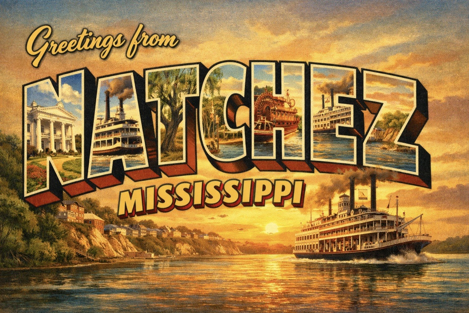 Greetings from Natchez, MISSISSIPPI Modern Vintage Postcard A553