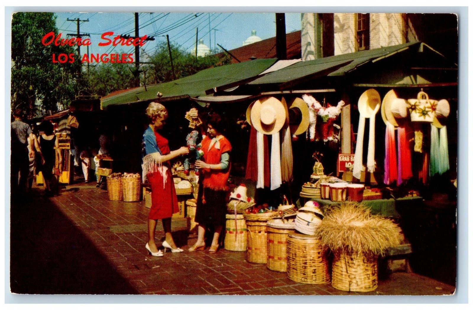 c1950’s Olvera Street Plaza Hat’s Store Buyer Colorful Los Angeles CA Postcard