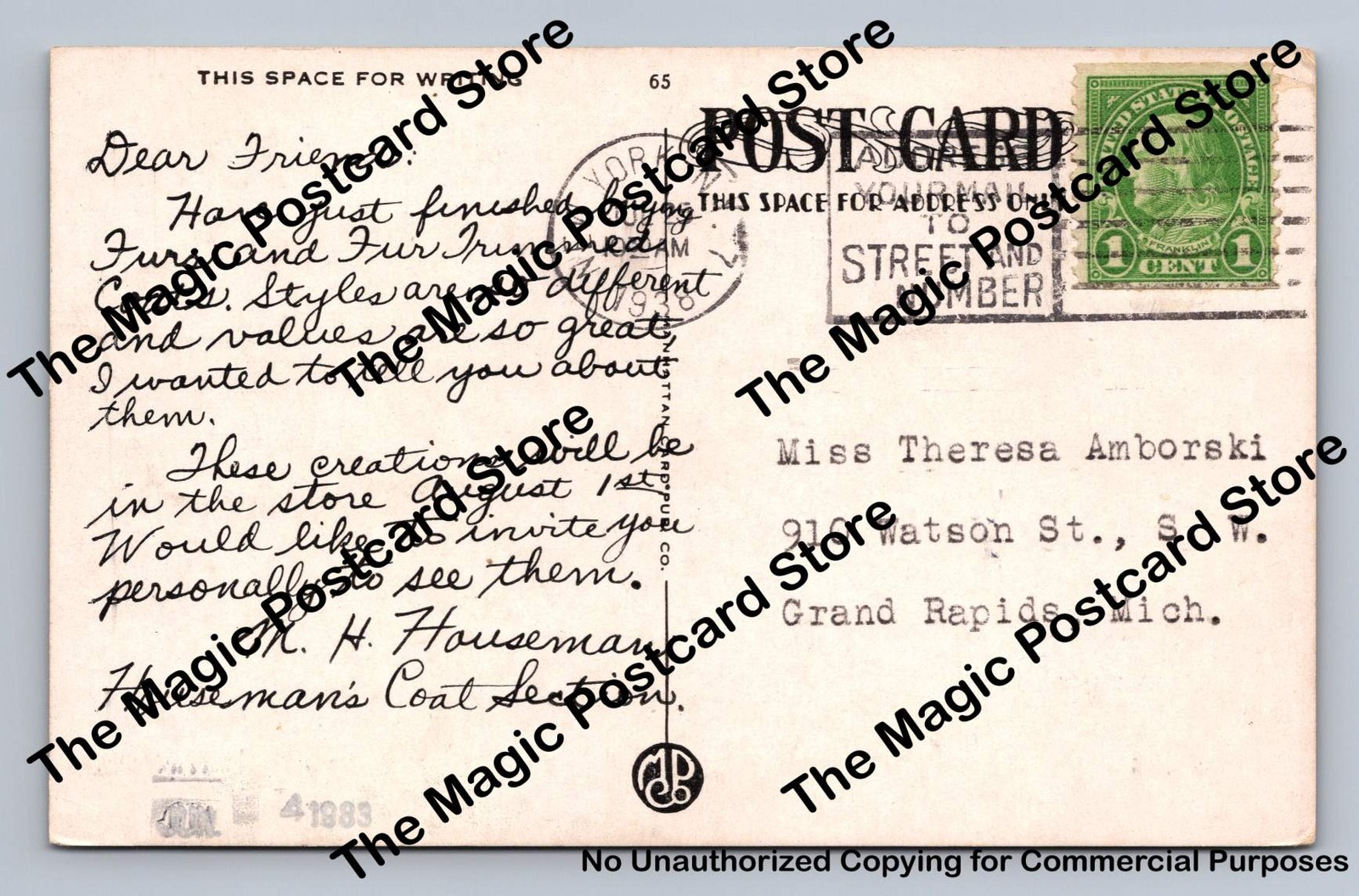 MH Houseman Fur Coat Advertising GRAND RAPIDS Michigan Buyer in NYC 1938