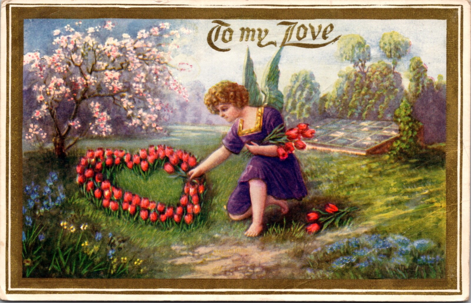 Valentine’s Day Postcard Cupid Cherub Picking Tulips Planted in a Heart Shape