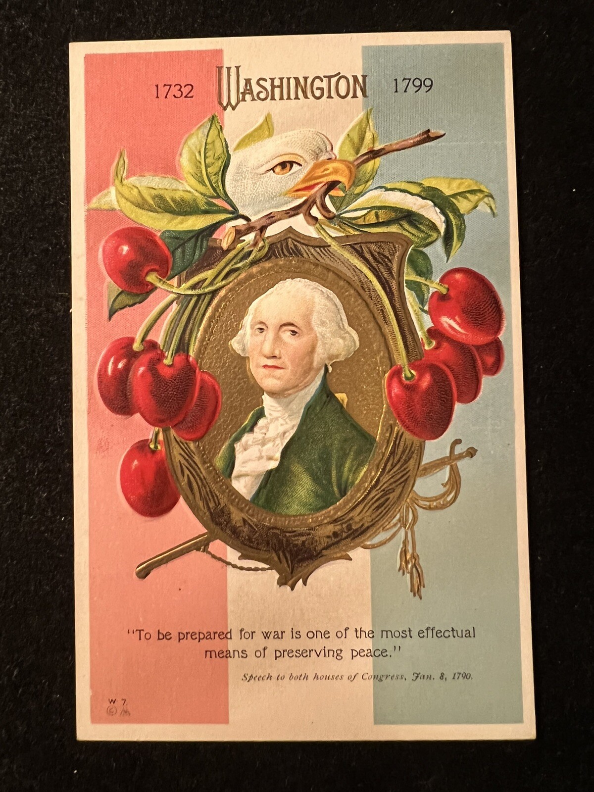 POSTCARD GEORGE WASHINGTON EAGLE CHERRIES TO BE PREPARED FOR WAR J661