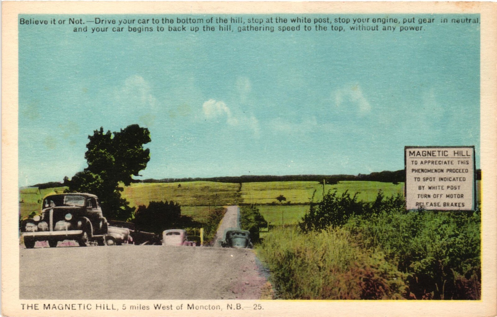 Vintage Postcard – Magnetic Hill Moncton NB Canada – Will Pull Your Car Up Hill