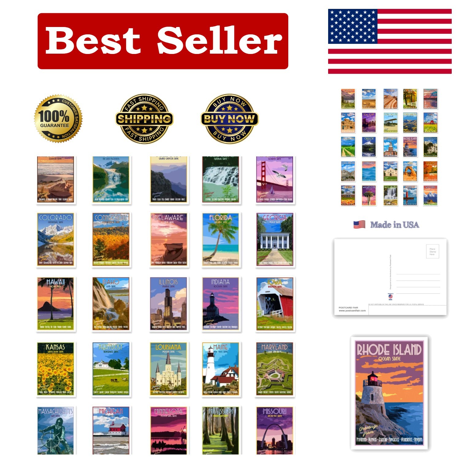 Delightful Vintage State Postcards Set of 50 – Perfect for Scrapbooking & Gifts