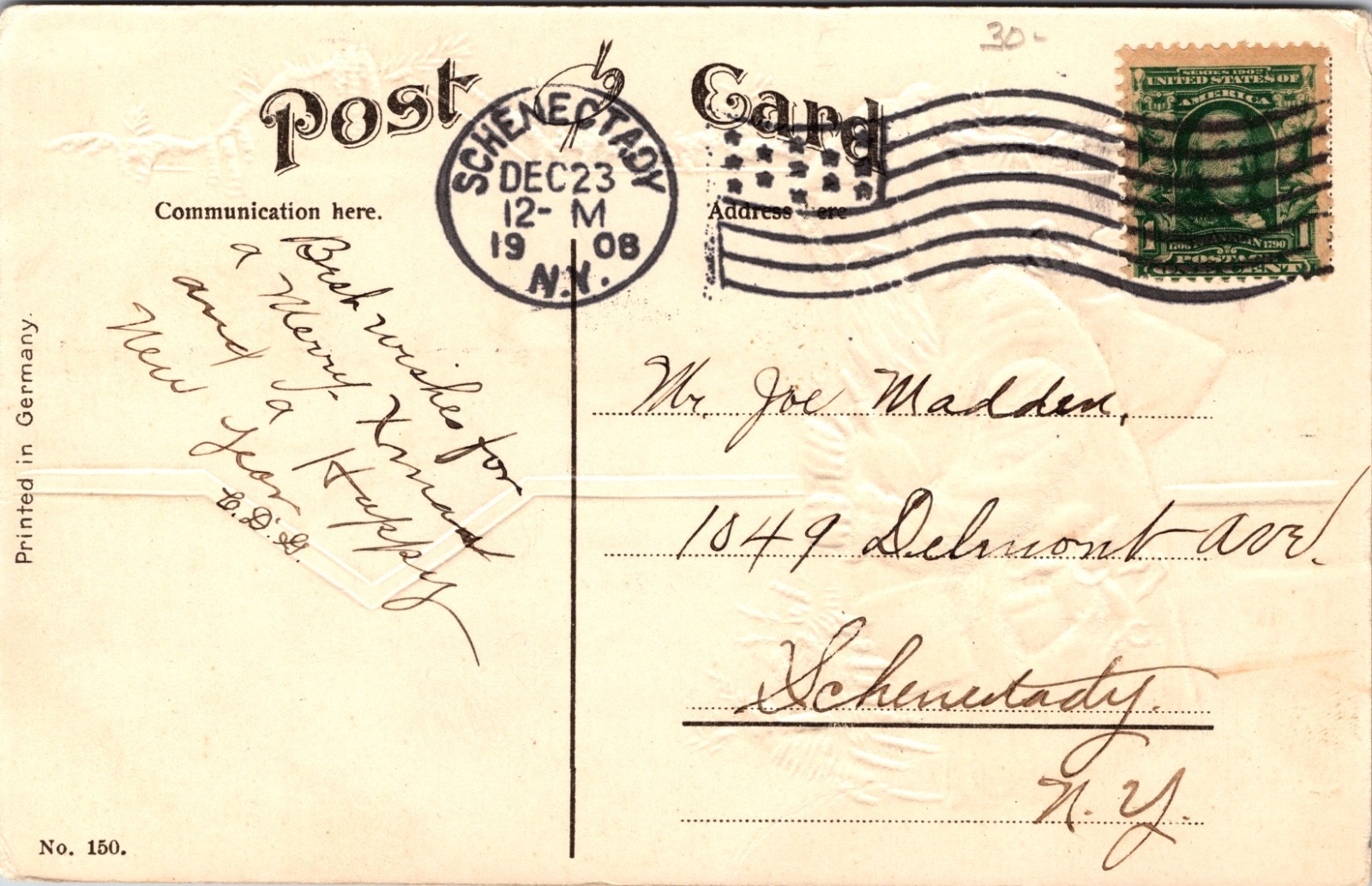 1908 Embossed Postcard Blue Robe Santa Claus Christmas Tree Germany