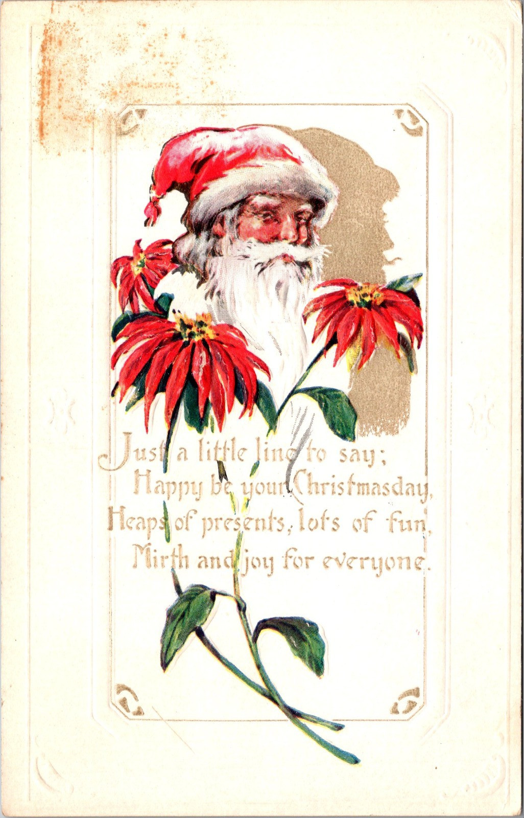 Happy Christmas Postcard Embossed Santa Claus c1910s
