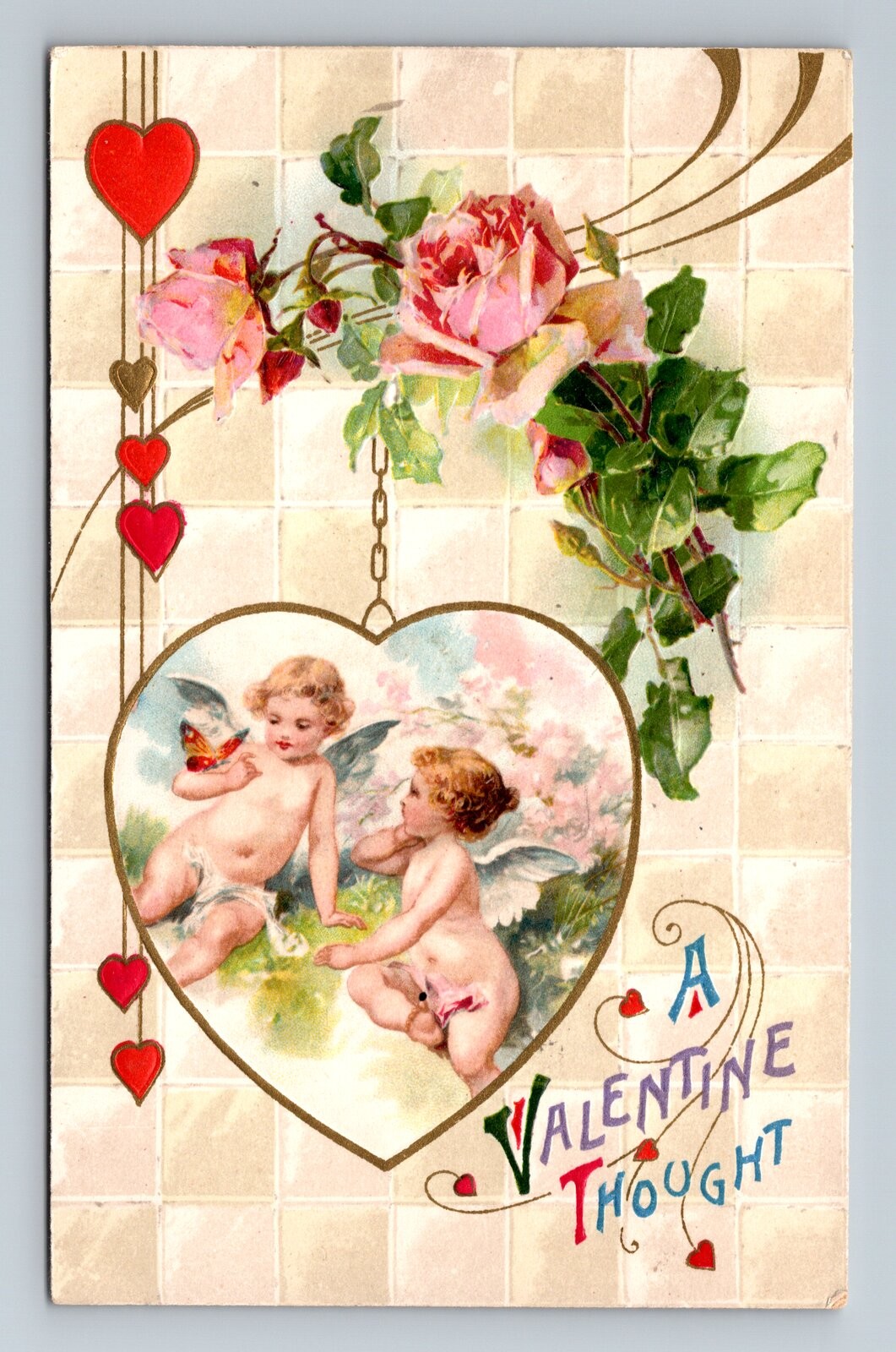 A Valentine Thought Cupids Cherubs Roses Vintage Valentine’s Day Postcard