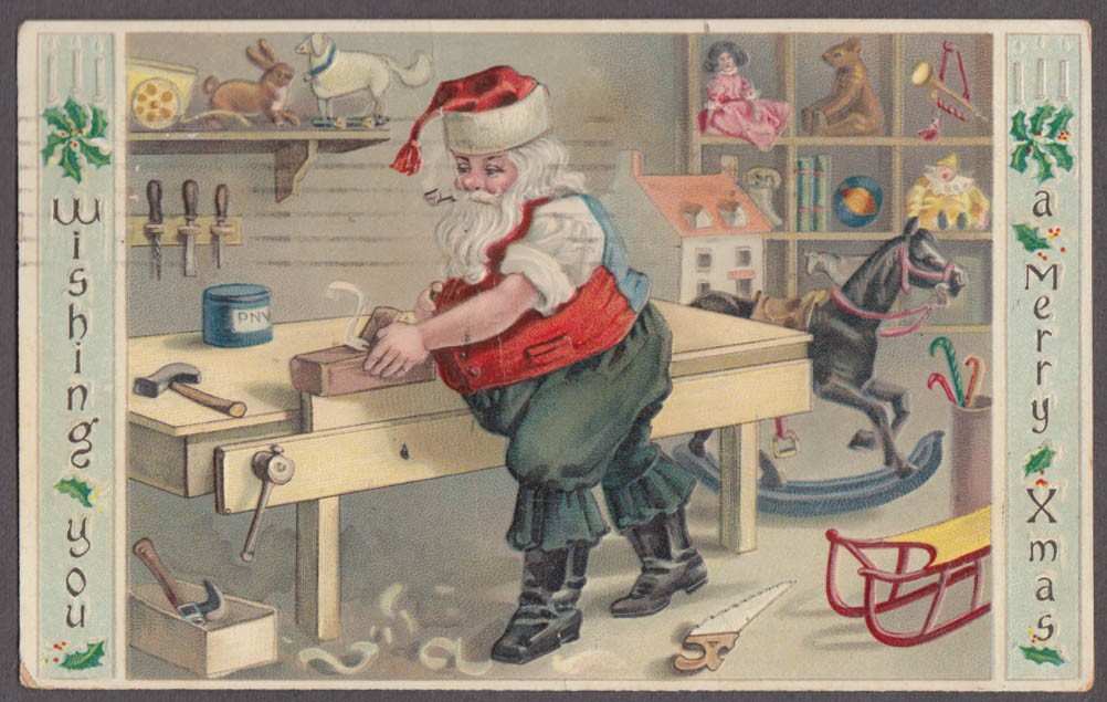 Santa Claus Christmas postcard sleeves rolled up planes a board in workshop 1910